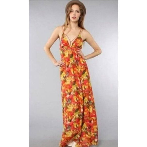 BB Dakota Maxi Dress Sz S Orange Floral Deep V-Neck Thin Strap A-Line High Waist - Picture 1 of 14